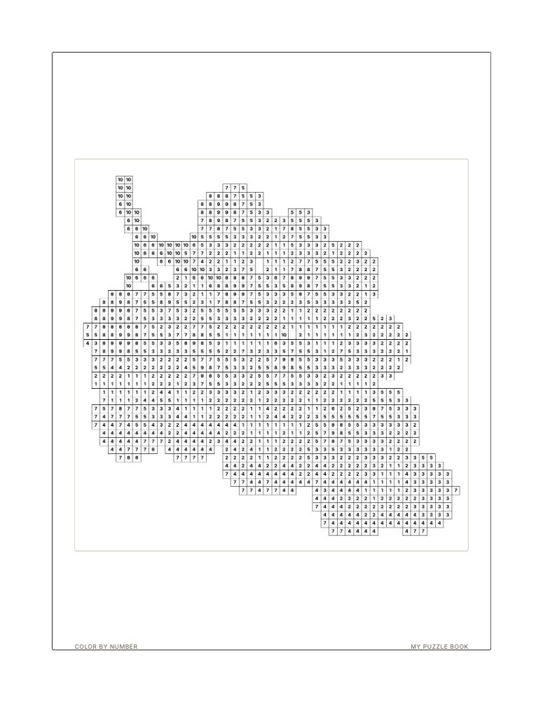 A colour-by-number page: an image broken into small numbered squares with a colour key.