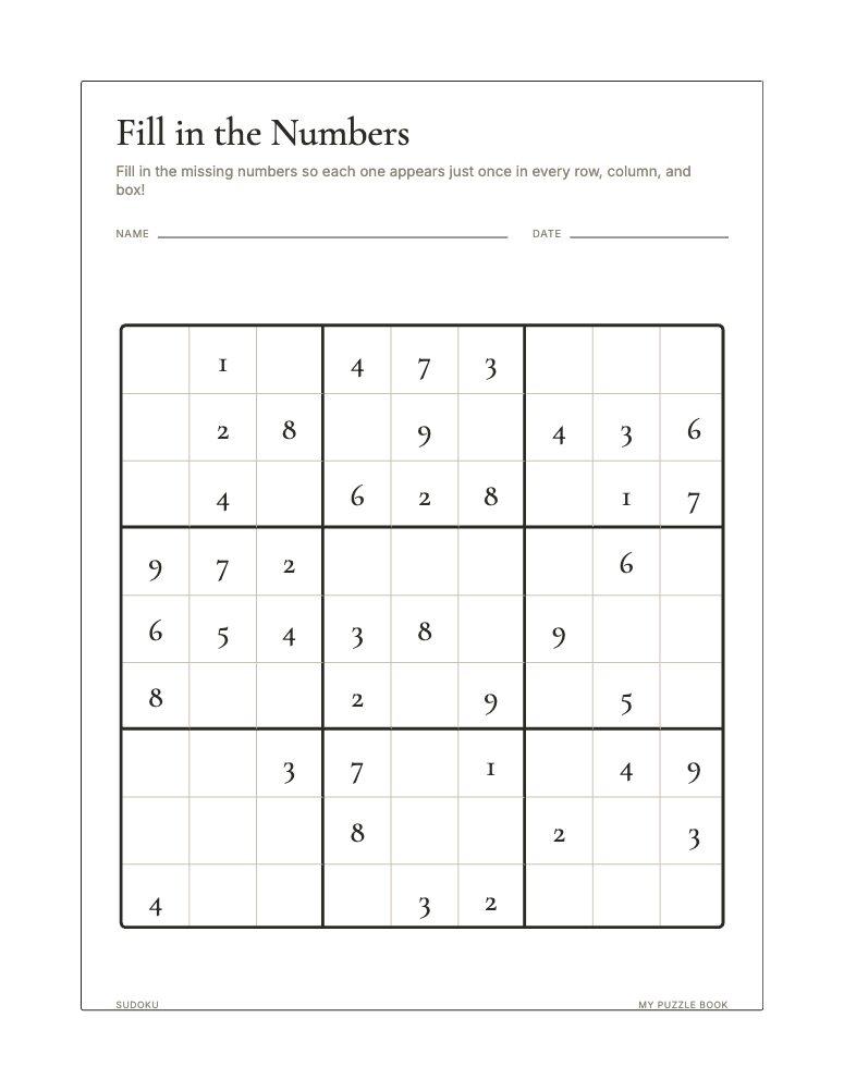 A nine by nine sudoku page with starting digits filled in.