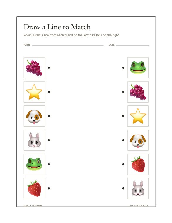 A Match the Pairs page produced by Build Puzzle Books.