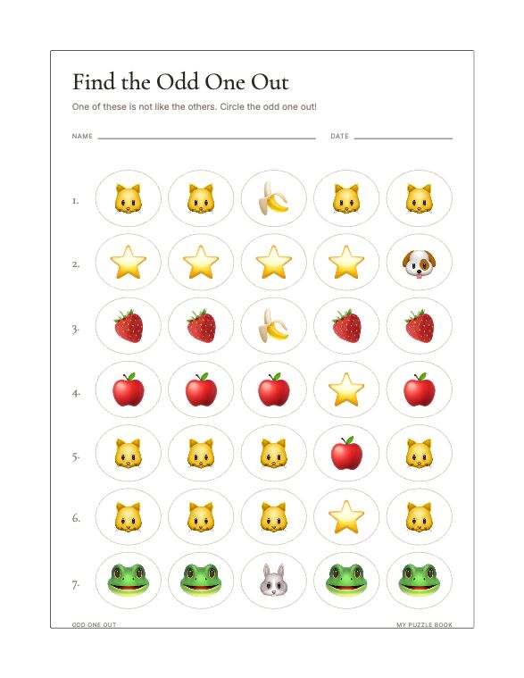A Odd One Out page produced by Build Puzzle Books.