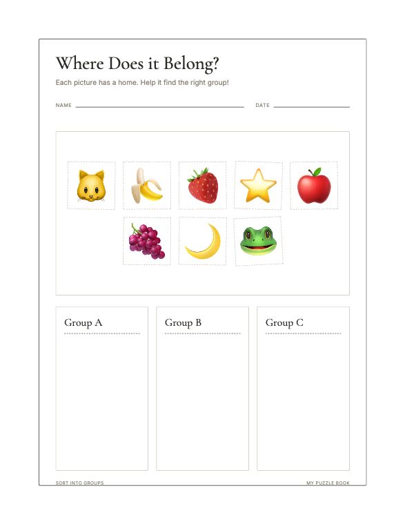 A Sort into Groups page produced by Build Puzzle Books.