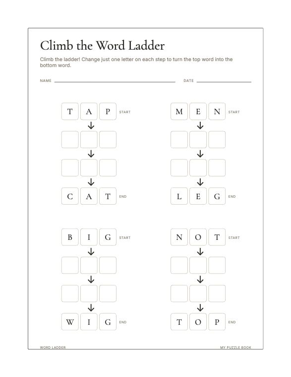 A Word Ladder page produced by Build Puzzle Books.